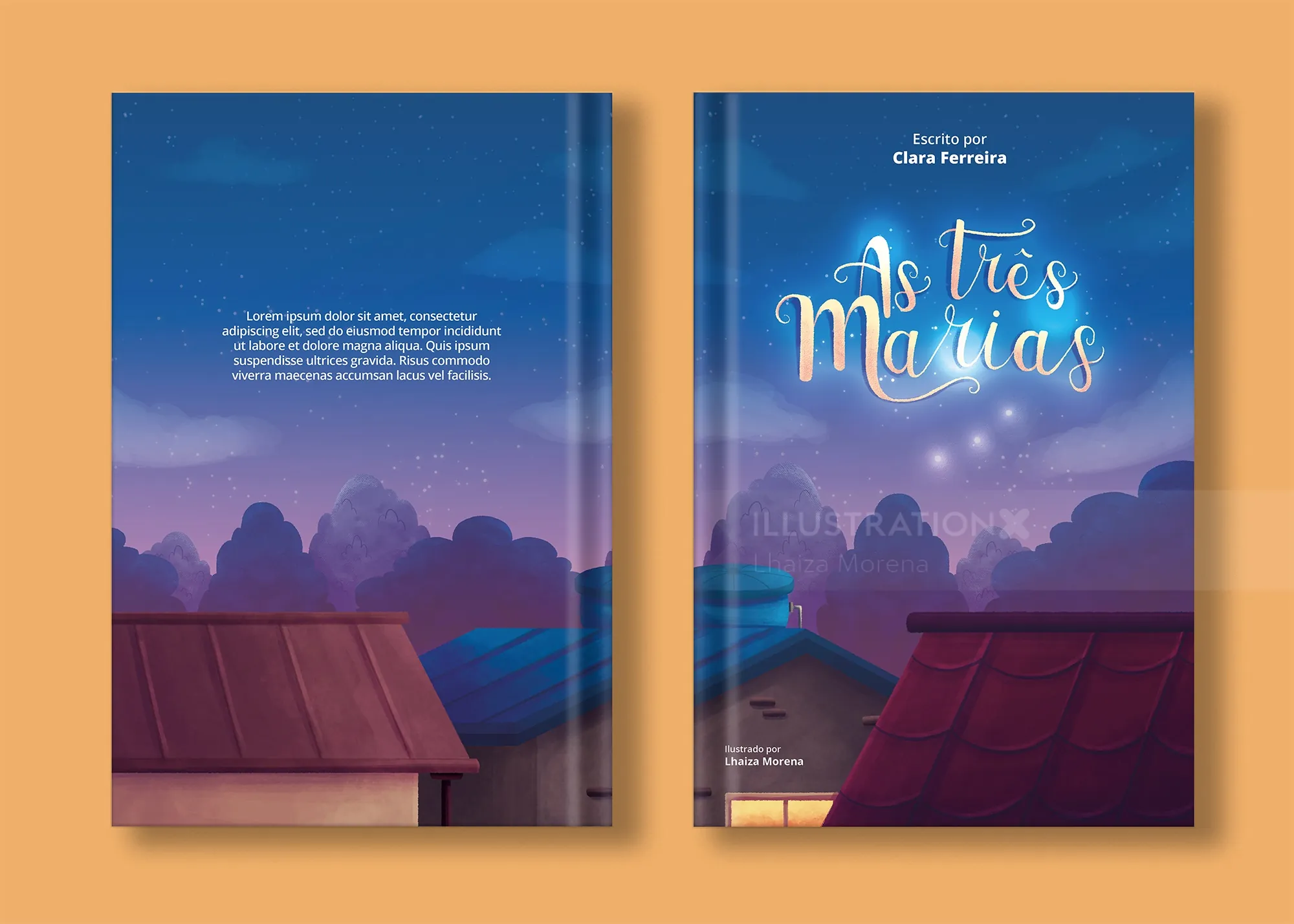 Children's book cover As Três Marias under a starry sky by Lhaiza Morena