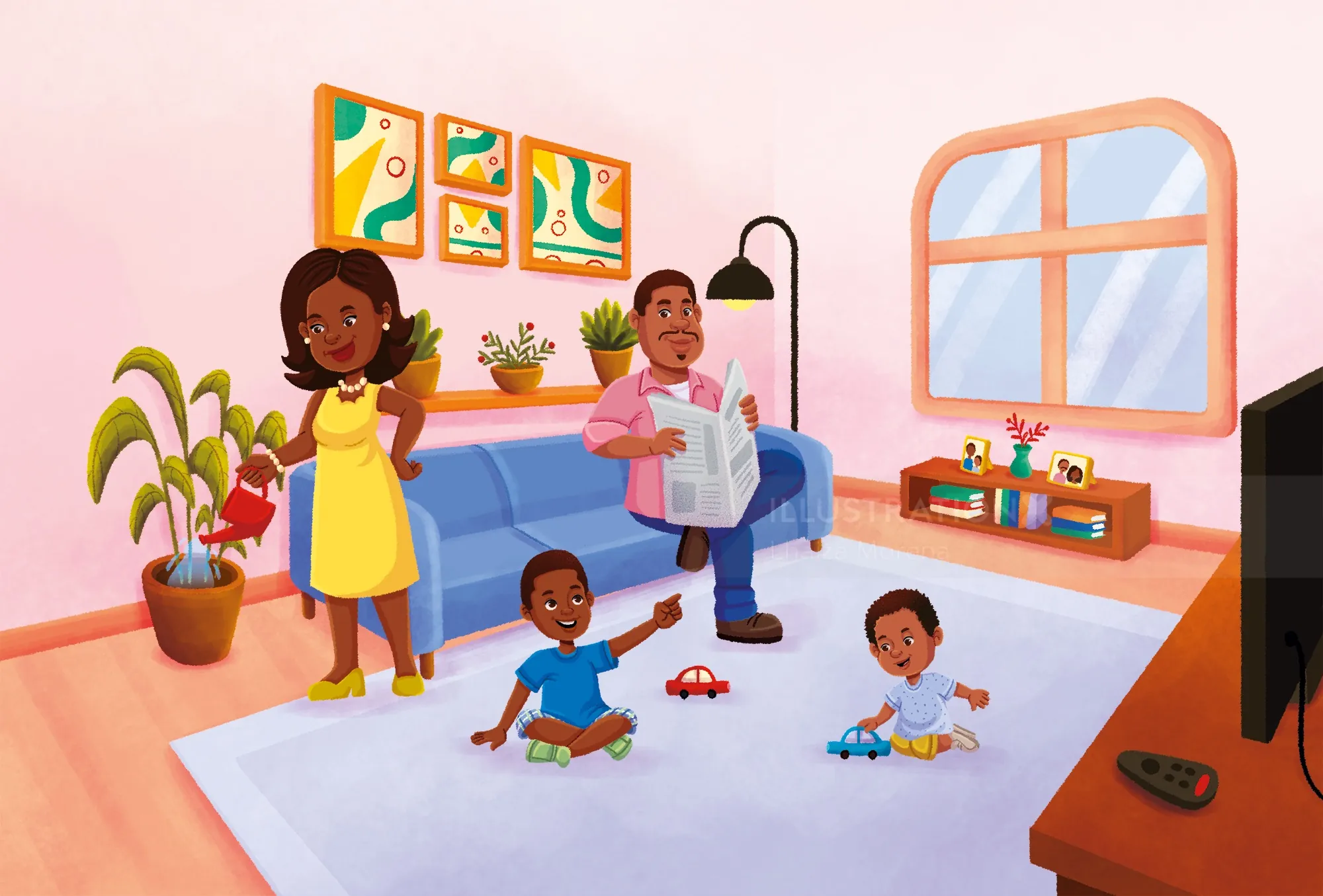 Lhaiza Morena painting of family with children playing in living room