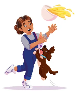 Child spilling bowl of food while dog jumps up, illustrated by Lhaiza Morena