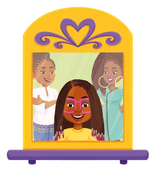 Children smiling and looking into a vibrant yellow mirror by Lhaiza Morena
