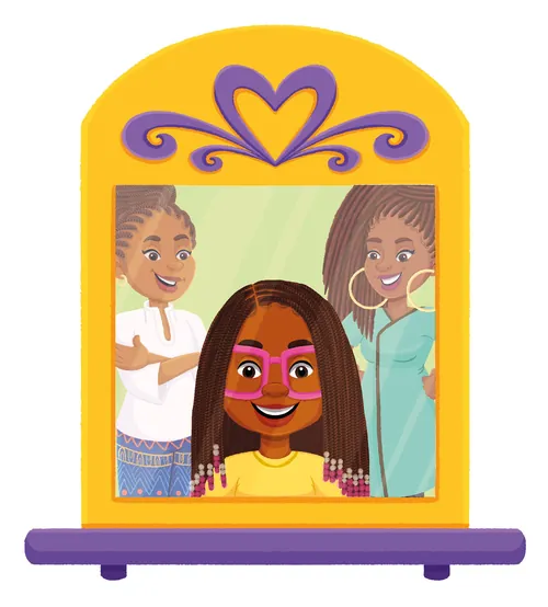Children smiling and looking into a vibrant yellow mirror by Lhaiza Morena