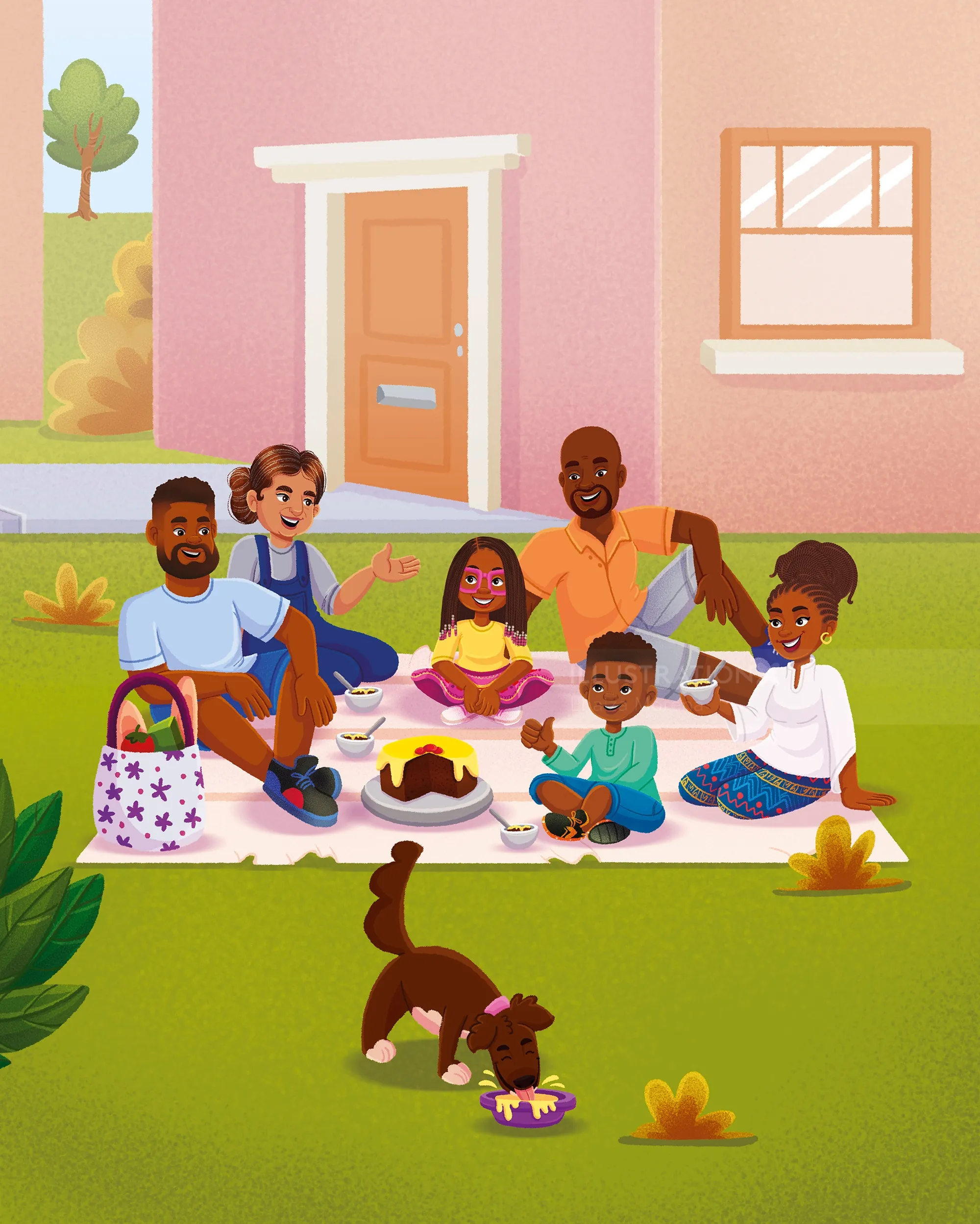 Family having a picnic on a blanket near a pink house by Lhaiza Morena
