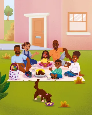 Family having a picnic on a blanket near a pink house by Lhaiza Morena
