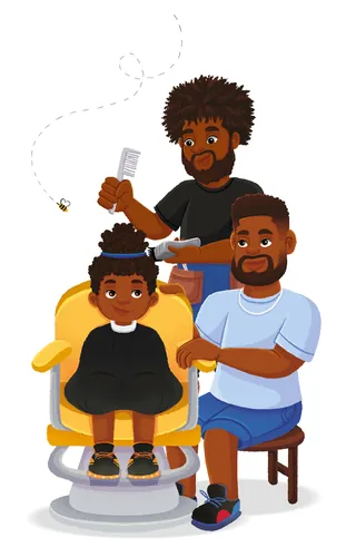 Barber cutting girl's hair with man sitting nearby, illustration by Lhaiza Morena