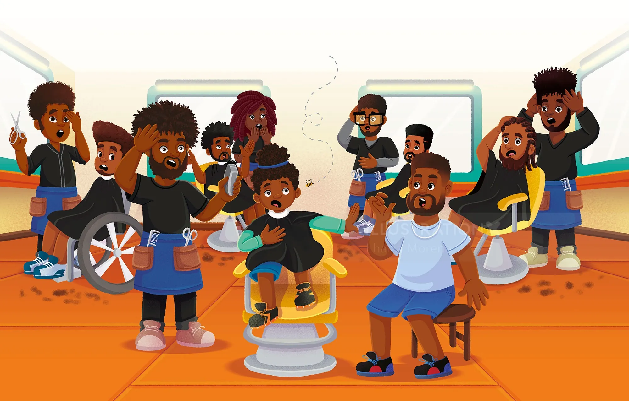 Illustration of children and barbers in a vibrant barbershop by Lhaiza Morena