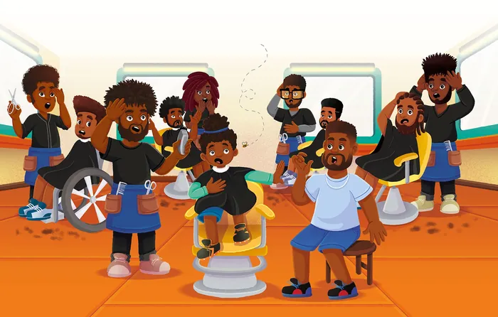 Illustration of children and barbers in a vibrant barbershop by Lhaiza Morena