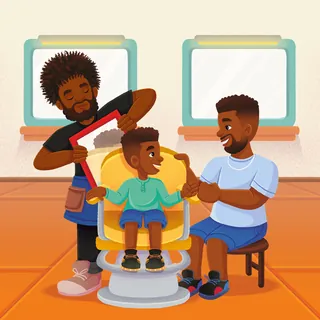 A barber cutting a boy's hair as the boy and his father smile, by Lhaiza Morena