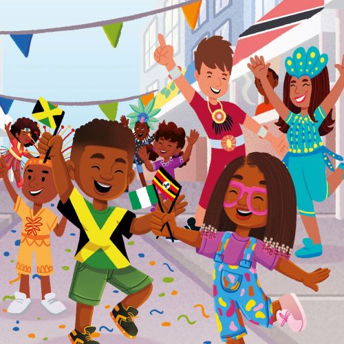Children dancing joyfully at a street festival, illustration by Lhaiza Morena