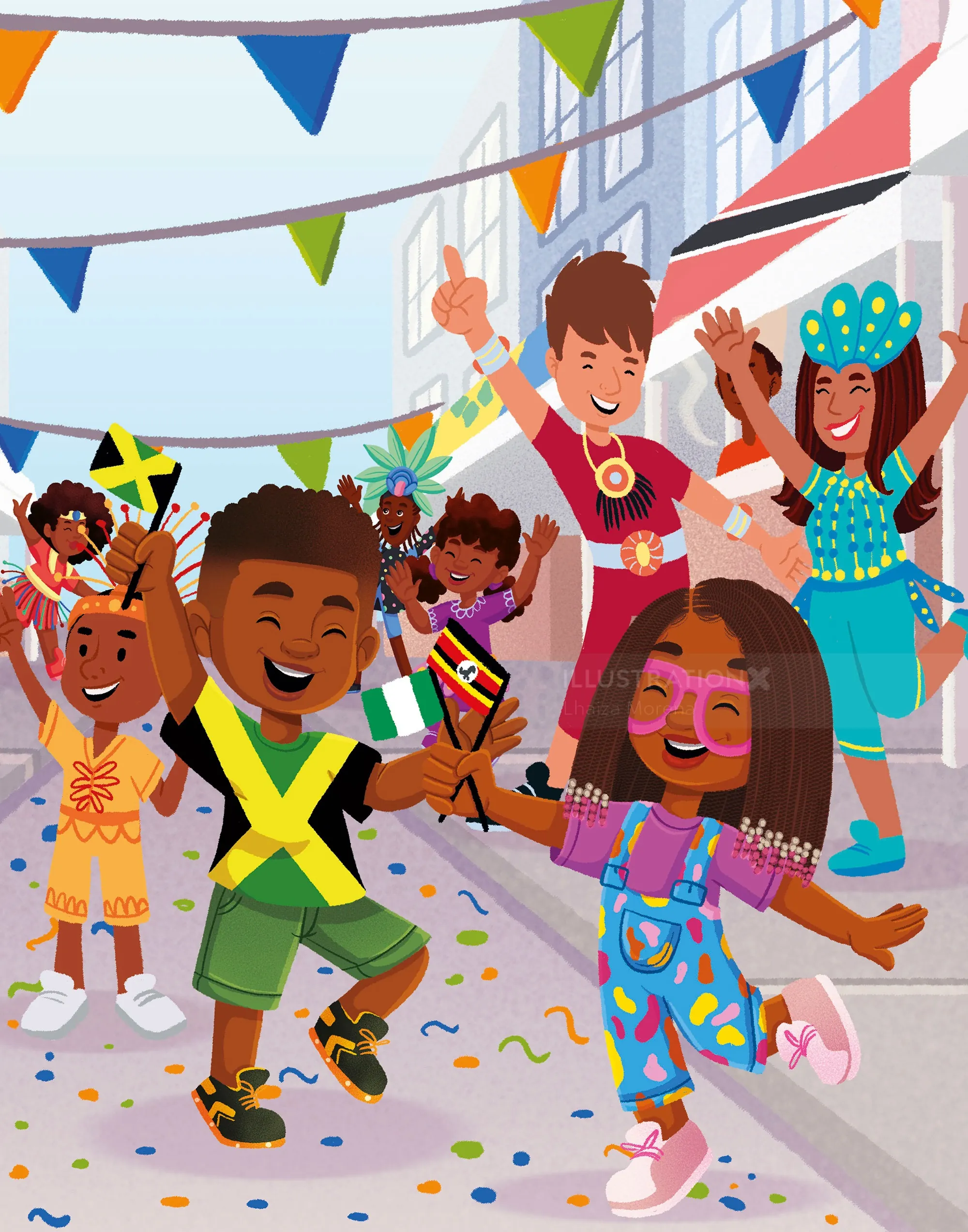 Children dancing joyfully at a street festival, illustration by Lhaiza Morena