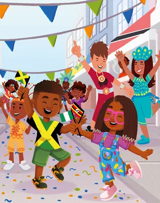 Children dancing joyfully at a street festival, illustration by Lhaiza Morena