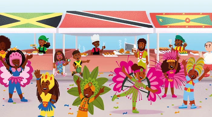 Colorful children dancing and celebrating Caribbean culture, by Lhaiza Morena