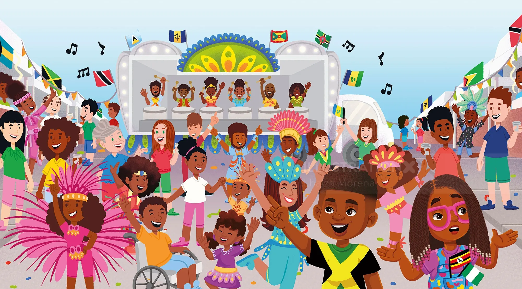 Vibrant carnival celebration with diverse joyful children by Lhaiza Morena