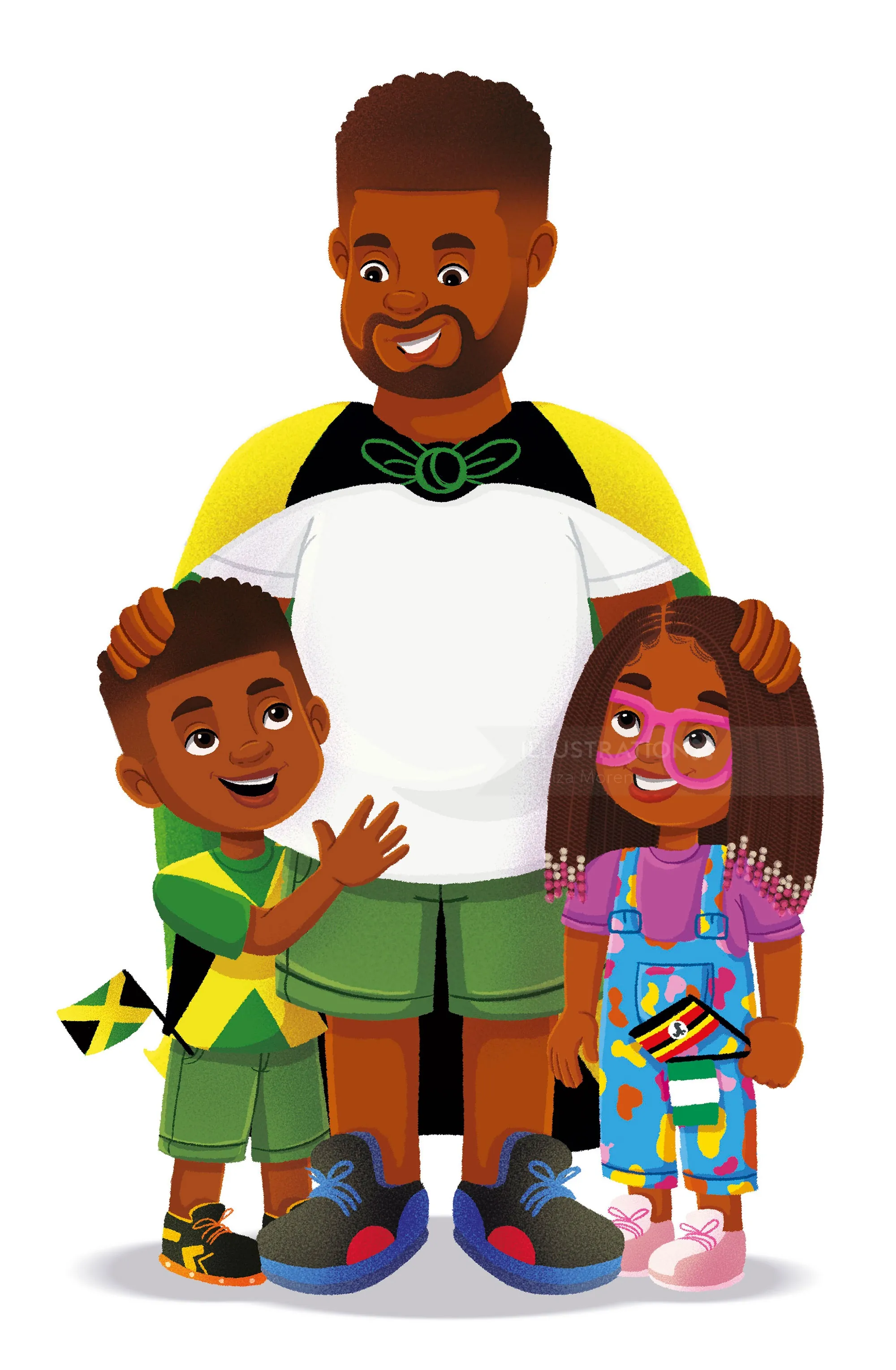 Father and children holding Jamaican flags, illustration by Lhaiza Morena