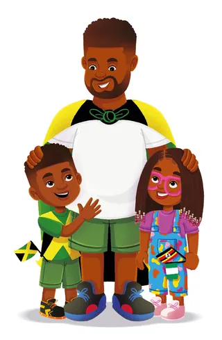 Father and children holding Jamaican flags, illustration by Lhaiza Morena