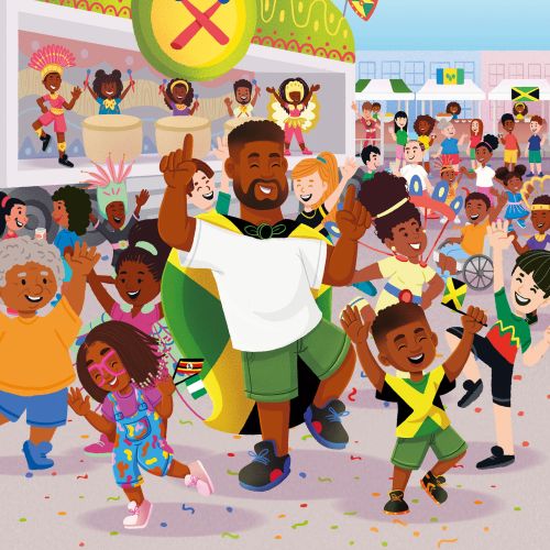 Vibrant Jamaican festival scene with dancing children and flags by Lhaiza Morena
