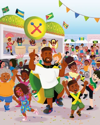 Vibrant Jamaican festival scene with dancing children and flags by Lhaiza Morena