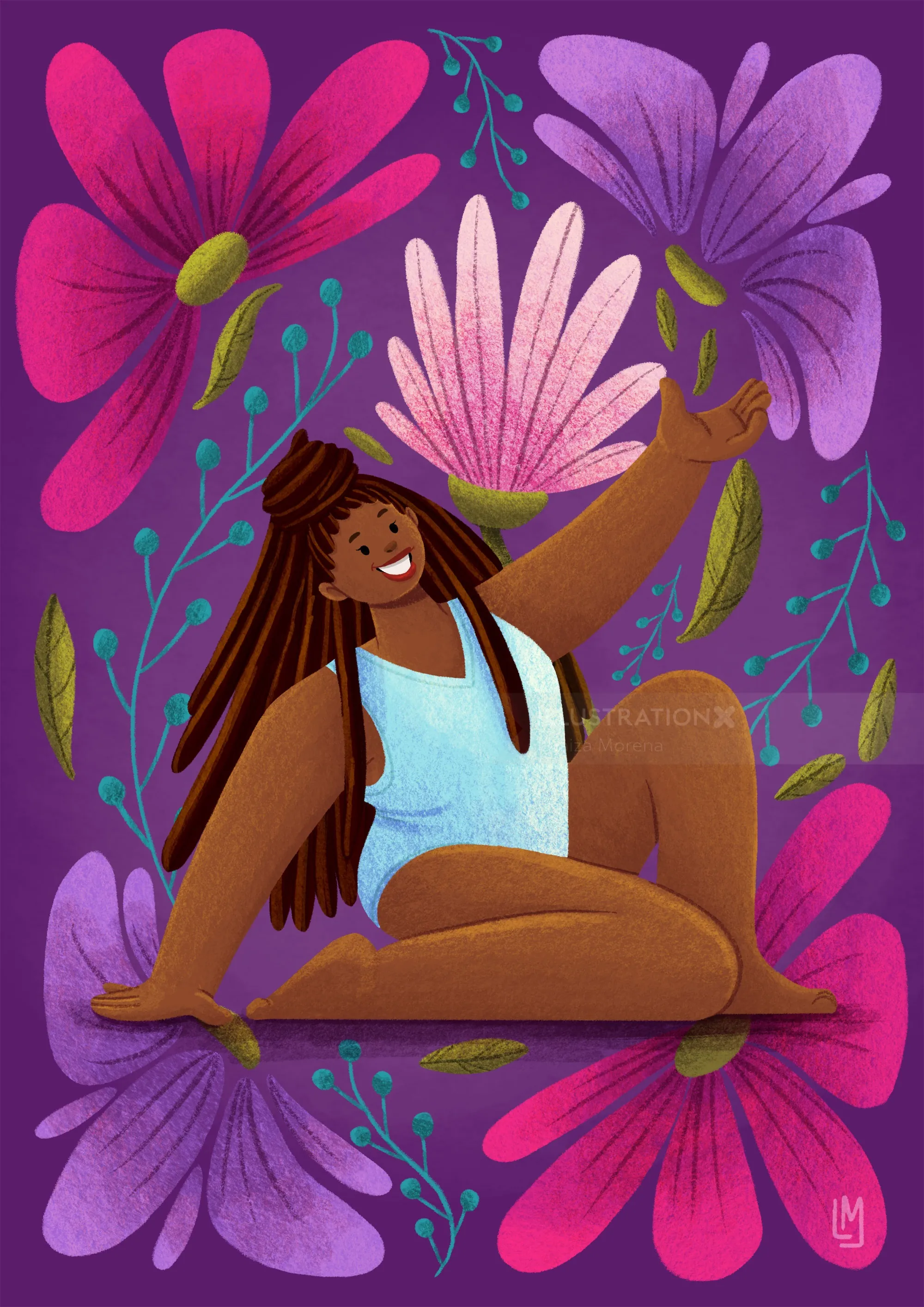 Illustration of a woman with dreadlocks sitting surrounded by colorful flowers by Lhaiza Morena