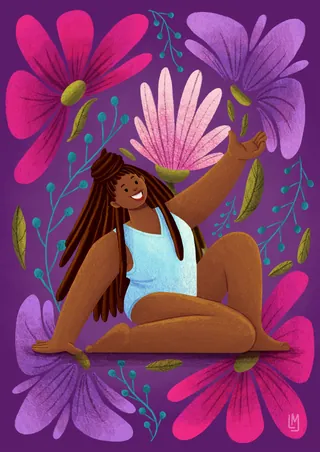 Illustration of a woman with dreadlocks sitting surrounded by colorful flowers by Lhaiza Morena