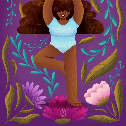 Woman with curly hair doing yoga pose surrounded by flowers by Lhaiza Morena