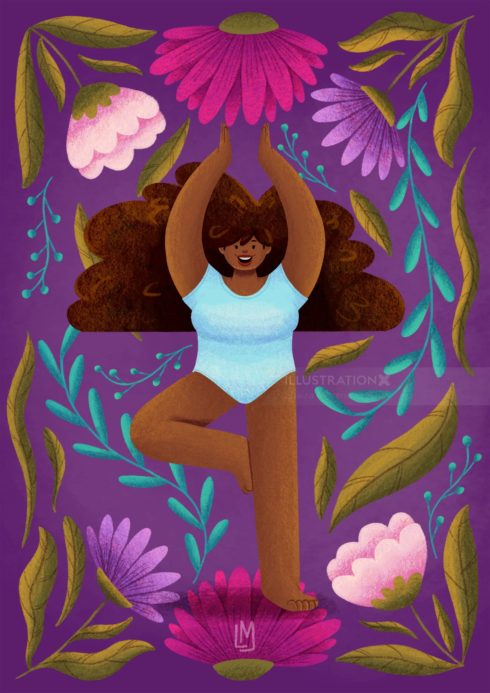 Woman with curly hair doing yoga pose surrounded by flowers by Lhaiza Morena