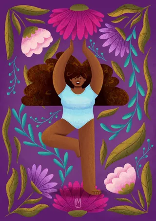 Woman with curly hair doing yoga pose surrounded by flowers by Lhaiza Morena