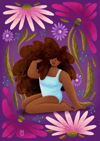 Woman sitting among large pink flowers with voluminous hair by Lhaiza Morena