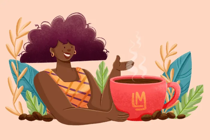Woman holding large red coffee cup with leaves around, artwork by Lhaiza Morena