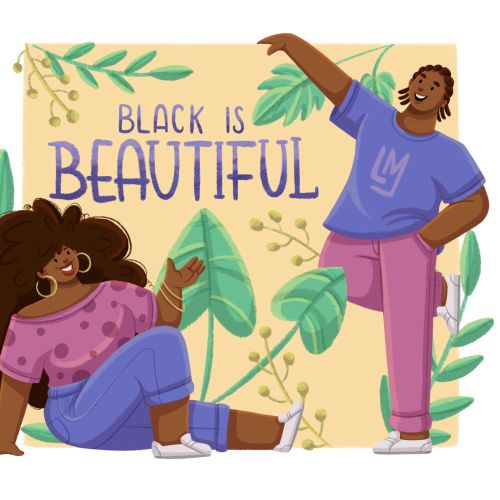 Joyful people with natural hair under Black is Beautiful text by Lhaiza Morena