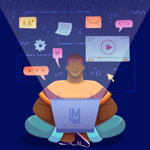 Person using laptop with multimedia icons by Lhaiza Morena