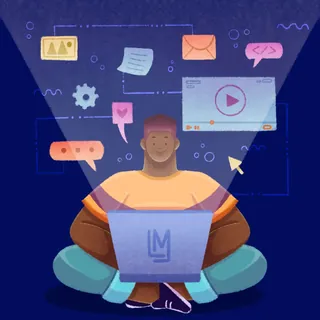 Person using laptop with multimedia icons by Lhaiza Morena