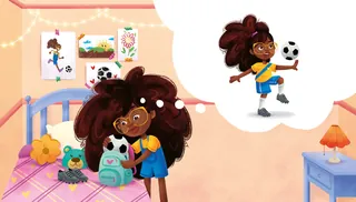 Illustration of a girl imagining playing soccer in her bedroom by Lhaiza Morena