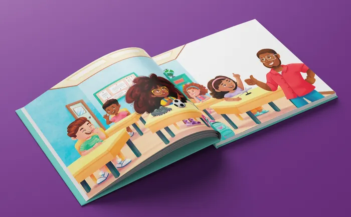 Illustration of diverse children and teacher in classroom by Lhaiza Morena