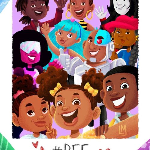 Group of diverse children and robot smiling with #BFF hearts