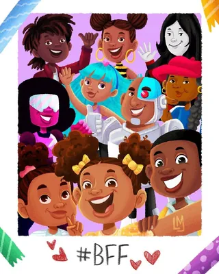 Group of diverse children and robot smiling with #BFF hearts