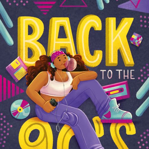 Person sitting with 90s items and vibrant retro background