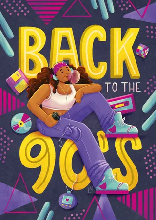 Person sitting with 90s items and vibrant retro background