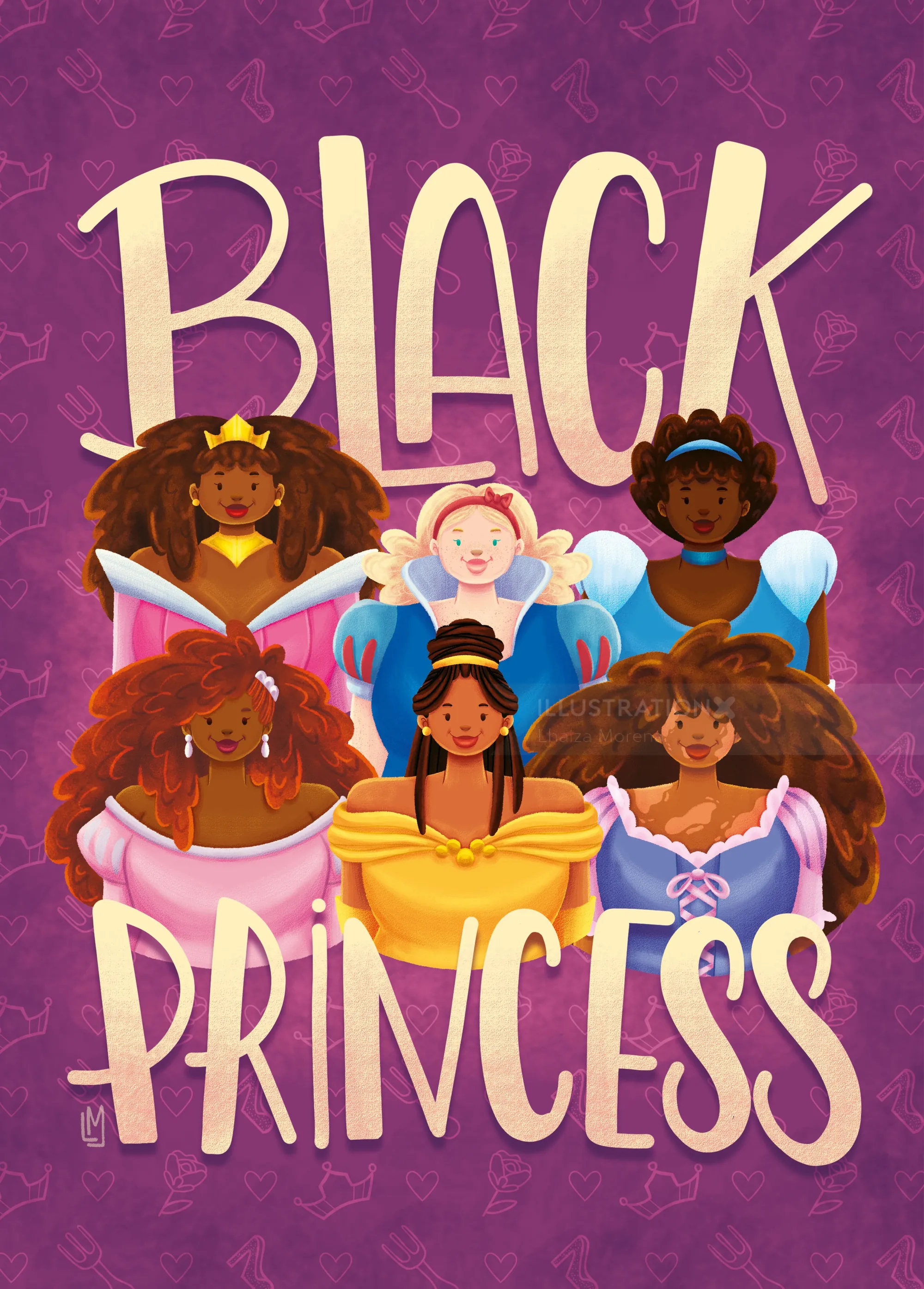 Diverse Black princesses illustration with Black Princess text on purple background.