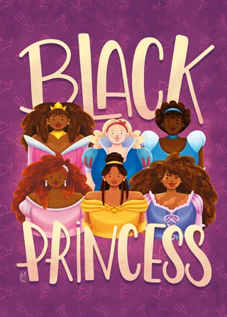Diverse Black princesses illustration with Black Princess text on purple background.