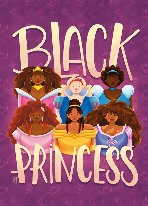 Diverse Black princesses illustration with Black Princess text on purple background.