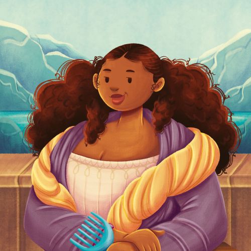 Woman with curly hair holding two hairbrushes near mountains.