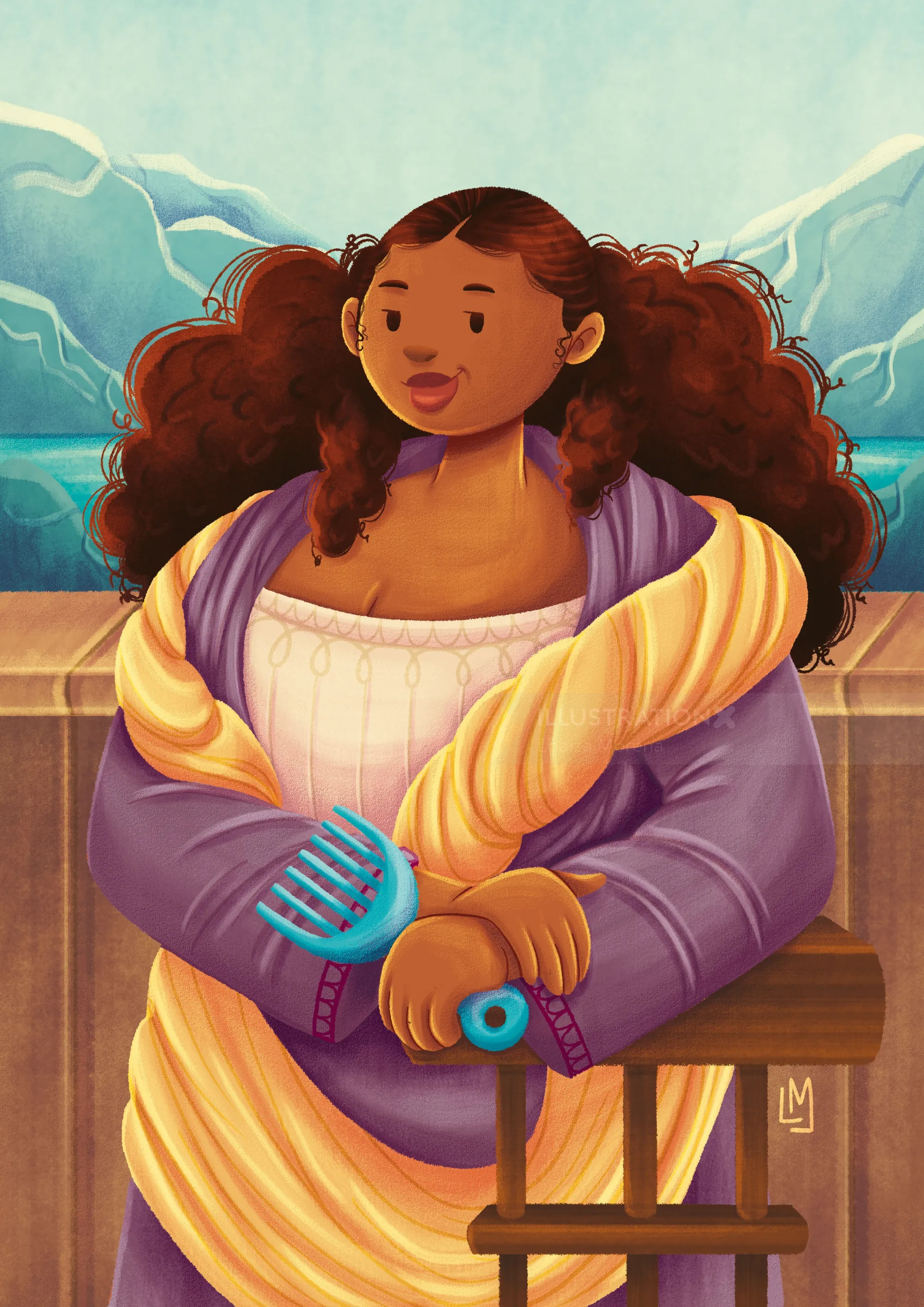 Woman with curly hair holding two hairbrushes near mountains.