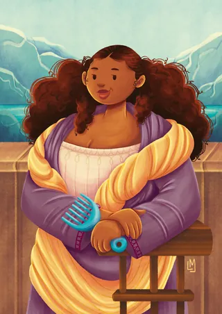 Woman with curly hair holding two hairbrushes near mountains.