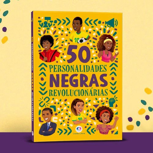 Book cover featuring 50 revolutionary Black personalities illustrated on yellow background