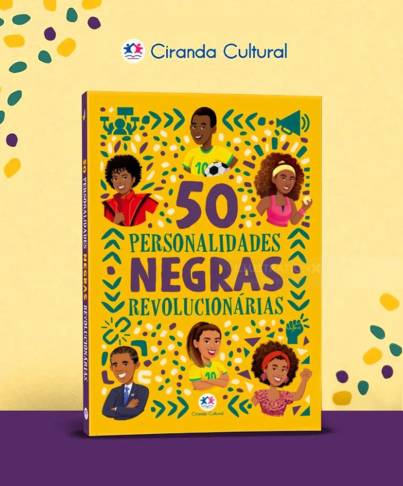 Book cover featuring 50 revolutionary Black personalities illustrated on yellow background