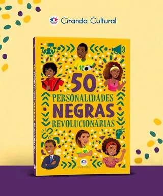 Book cover featuring 50 revolutionary Black personalities illustrated on yellow background