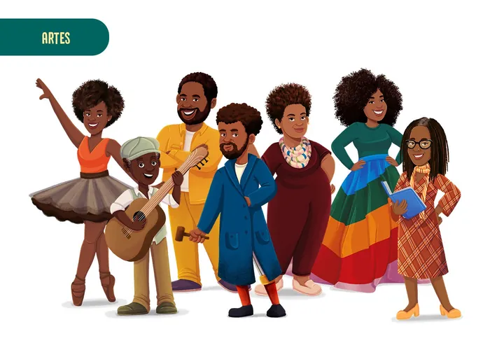 Illustration of diverse artists including dancer, musician, and writers