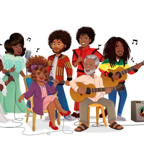 Group of people singing and playing guitars together with music notes