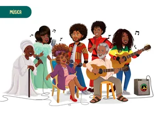 Group of people singing and playing guitars together with music notes