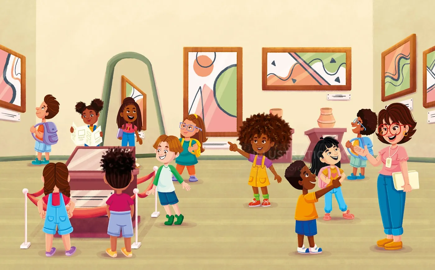 Children with teacher exploring and learning in an art museum