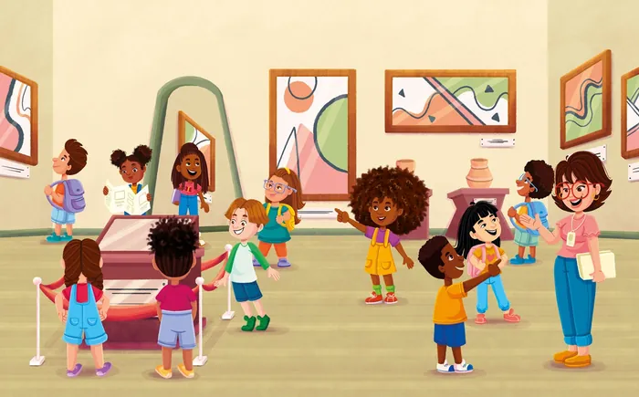 Children with teacher exploring and learning in an art museum
